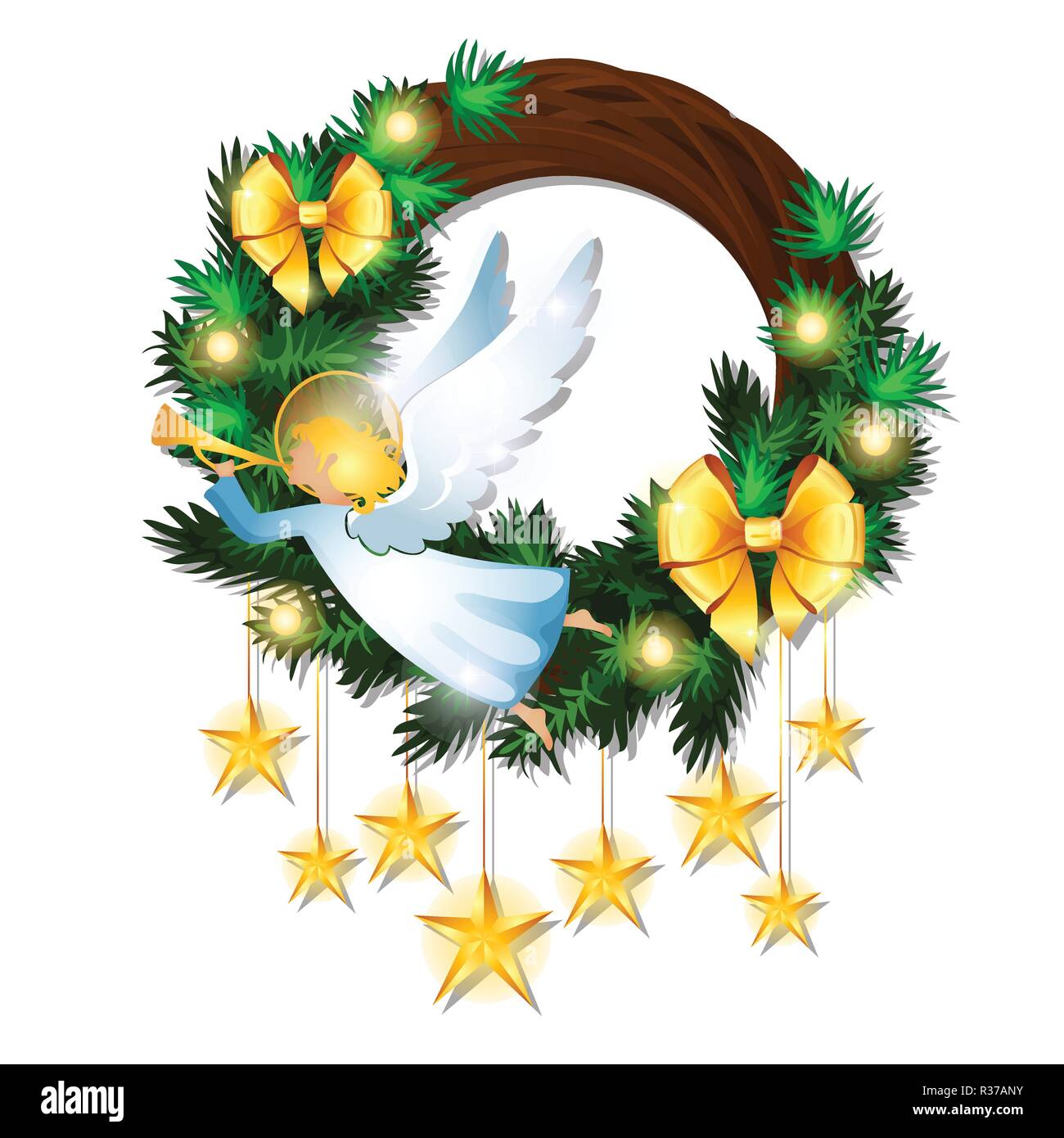 Croquis de Noël avec couronne décorée avec des brindilles de sapin, golden ribbon bow, flying angel, Garland et de suspendre des étoiles. Échantillon de poster, l'invitation, l'autre carte. Vector Illustration. Illustration de Vecteur