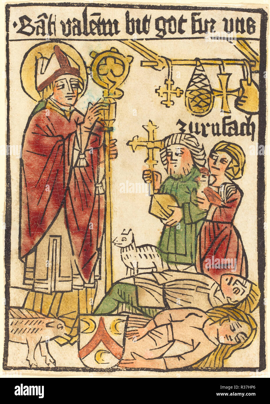 Saint Valentin. En date du : 1470/1480. Fiche technique : Dimensions : 13,4 x 9,5 cm (5 1/4 x 3 3/4 in.) dans l'ensemble (dimensions du cadre externe) : 39,4 x 31,8 cm (15 1/2 x 12 1/2 in.). Technique : gravure sur bois, à la main, dans le lac rouge, vert, jaune, rose, et tan. Musée : National Gallery of Art, Washington DC. Auteur : allemand du 15ème siècle. Banque D'Images