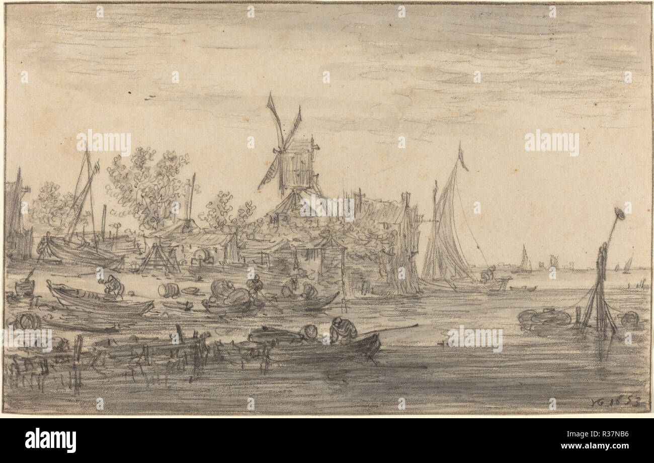 Scène de l'Estran avec moulin à vent. En date du : 1653. Dimensions : hors tout : 17,5 x 27,5 cm (6 7/8 x 10 13/16 po.). Médium : gris graphite et laver sur papier vergé. Musée : National Gallery of Art, Washington DC. Auteur : JAN VAN GOYEN. Banque D'Images