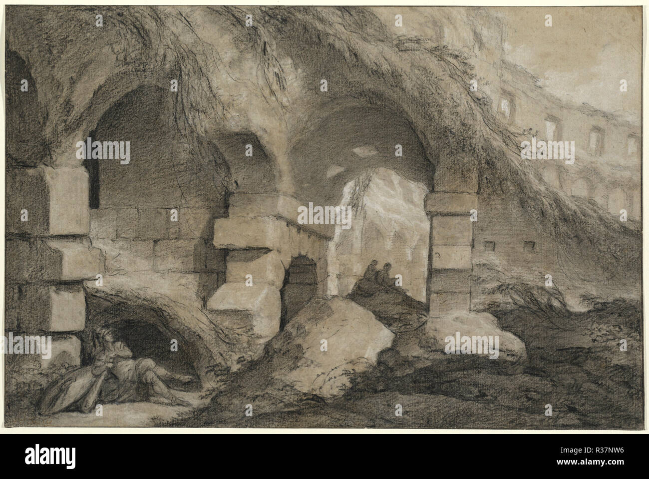 L'intérieur du Colisée. En date du : ch. 1745. Dimensions : hors tout : 30,4 x 46 cm (11 15/16 x 18 1/8 in.). Médium : craie noire rehaussée de blanc sur papier brun clair. Musée : National Gallery of Art, Washington DC. Auteur : Charles Michel-Ange Challe. Banque D'Images