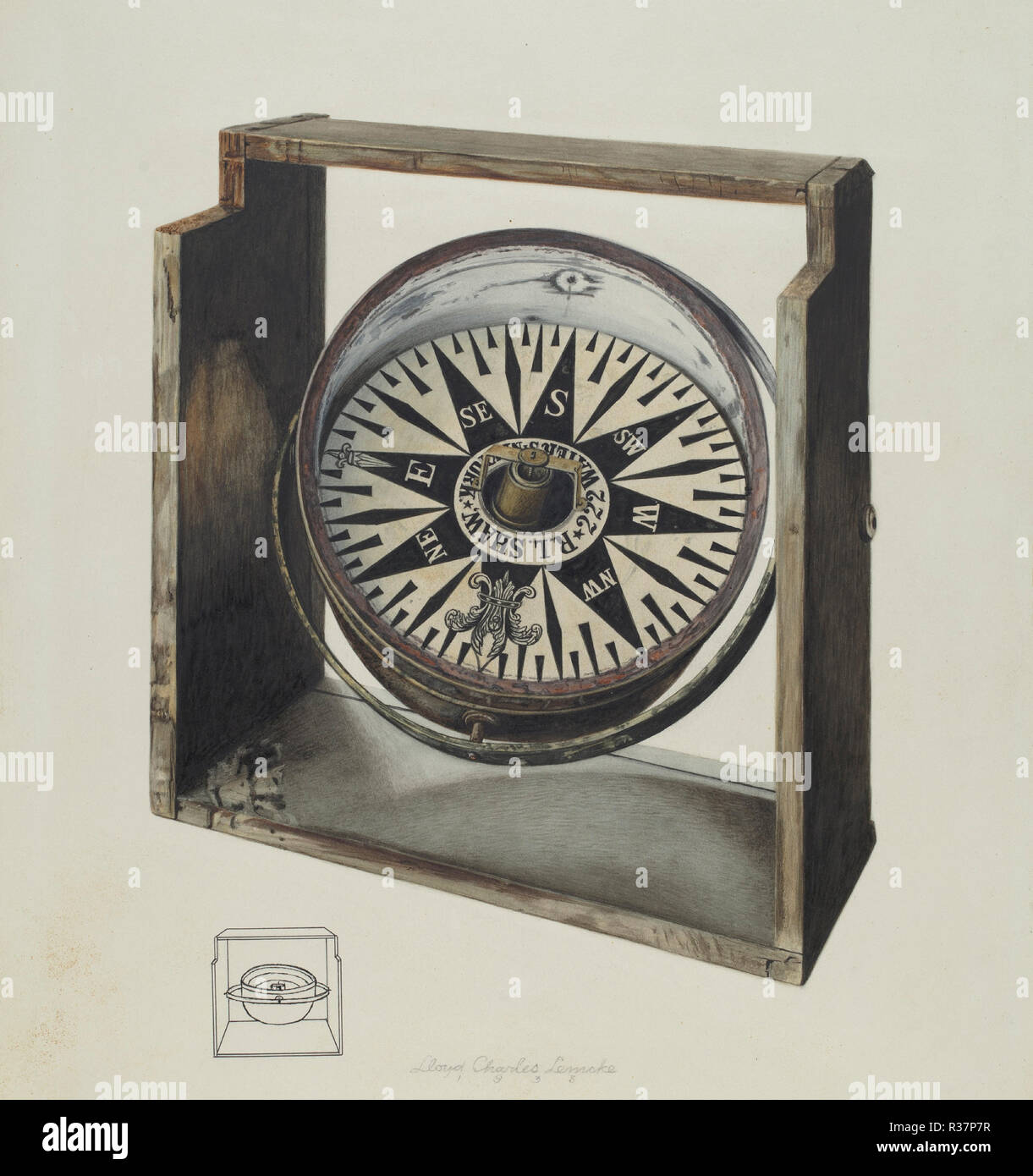 Boussole. En date du : 1938. Dimensions : hors tout : 35,5 x 27,9 cm (14 x 11 in.) Objet : 12 SAI Original 3/8' square ; visage de boussole : 8 3/4" de diamètre ; 6 1/2" de large. Médium : Aquarelle, mine de plomb, Stylo et encre sur papier. Musée : National Gallery of Art, Washington DC. Auteur : Charles Lloyd Lemcke. Banque D'Images