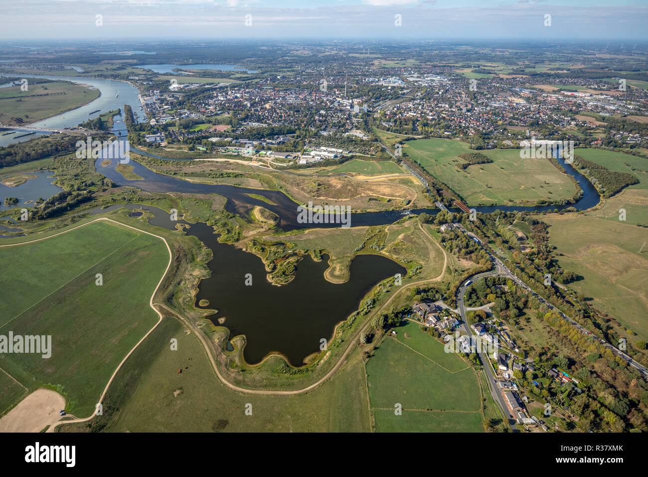 Vue aérienne, Lippe delta, embouchure de la Lippe, à marée basse, la bouche dans le Rhin, Lippedorf, Wesel, Ruhr, Bas-Rhin Banque D'Images