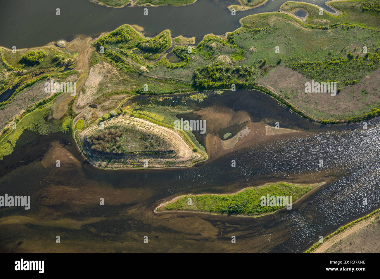 Vue aérienne, Lippe delta, à marée basse avec des bancs, de la rivière Lippe, Wesel, Ruhr, Bas-rhin, Rhénanie du Nord-Westphalie Banque D'Images
