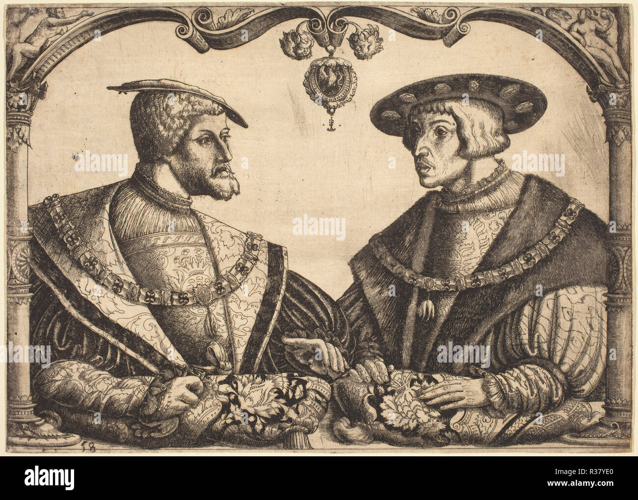 Les empereurs Charles V et Ferdinand I. Dimensions : sheet (découpés à la plaque de passage) : 19,9 x 27,6 cm (7 13/16 x 10 7/8 in.). Technique : gravure (fer). Musée : National Gallery of Art, Washington DC. Auteur : Christoph Bockstorfer. Bockstorffer, Christoffel. Banque D'Images