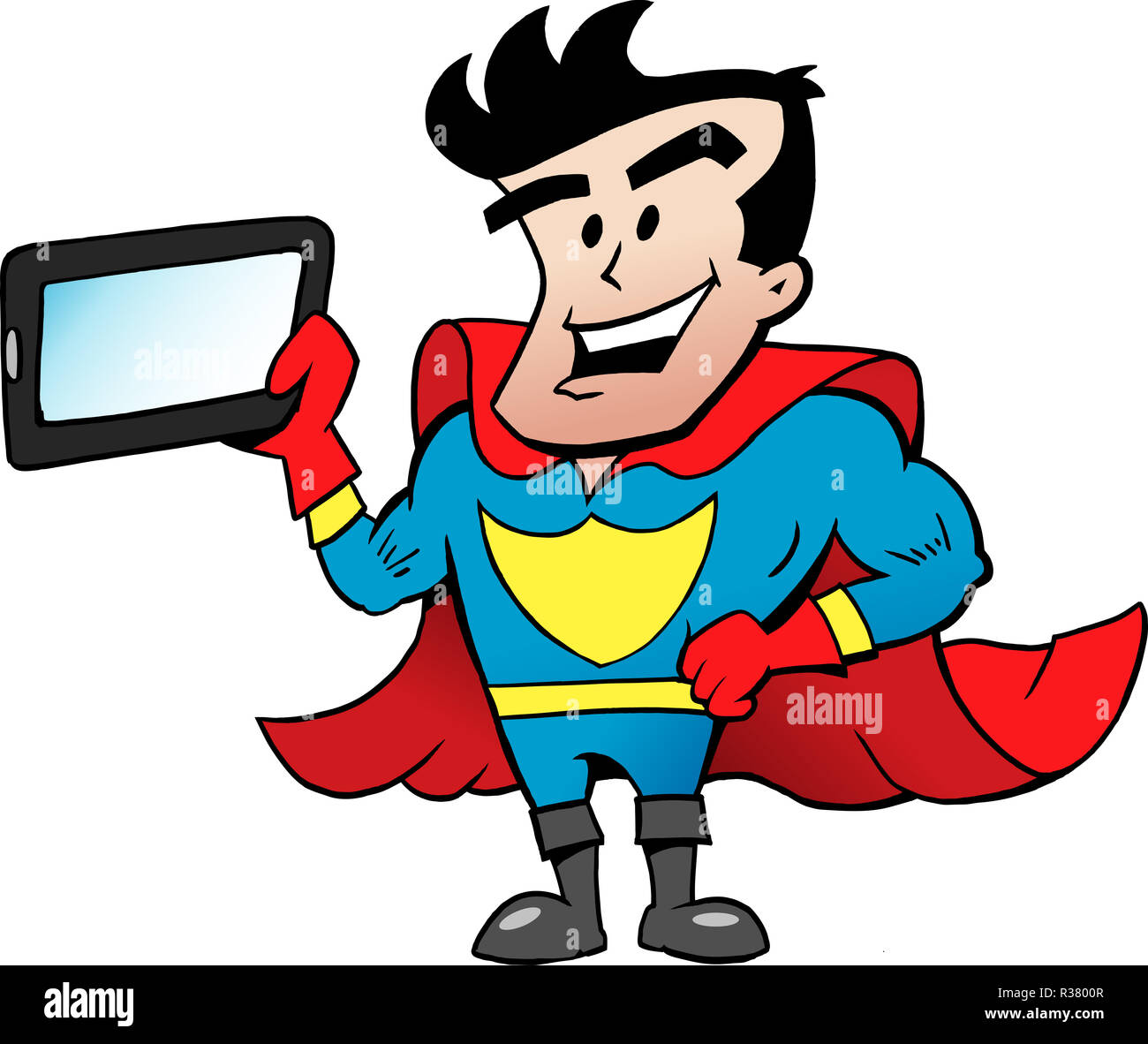Cartoon Vector illustration d'un super héros, avec une tablette graphique Banque D'Images