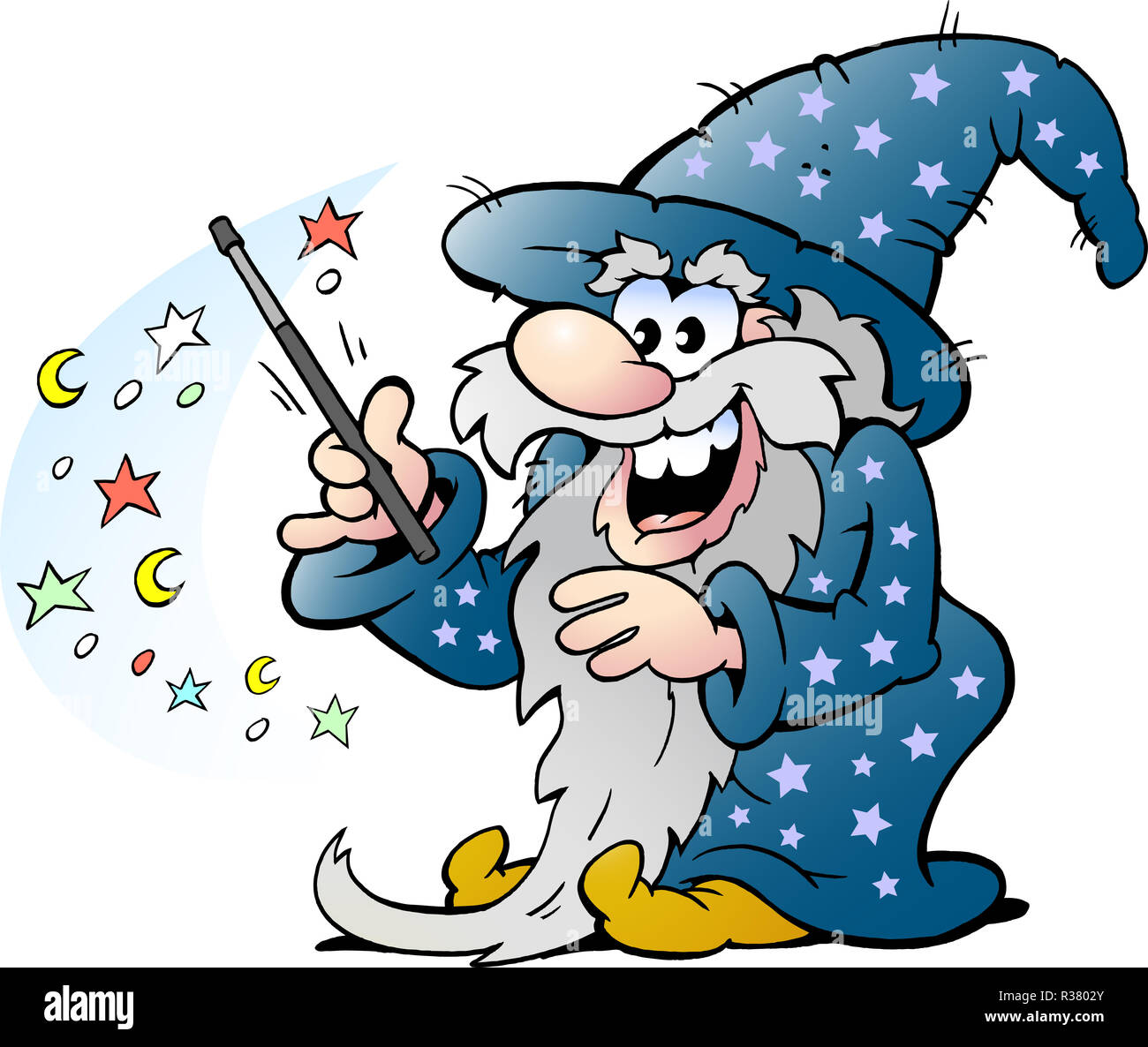 Cartoon Vector Illustration D Un Vieux Sorcier Heureux Homme Tenant Une Baguette Magique Photo Stock Alamy