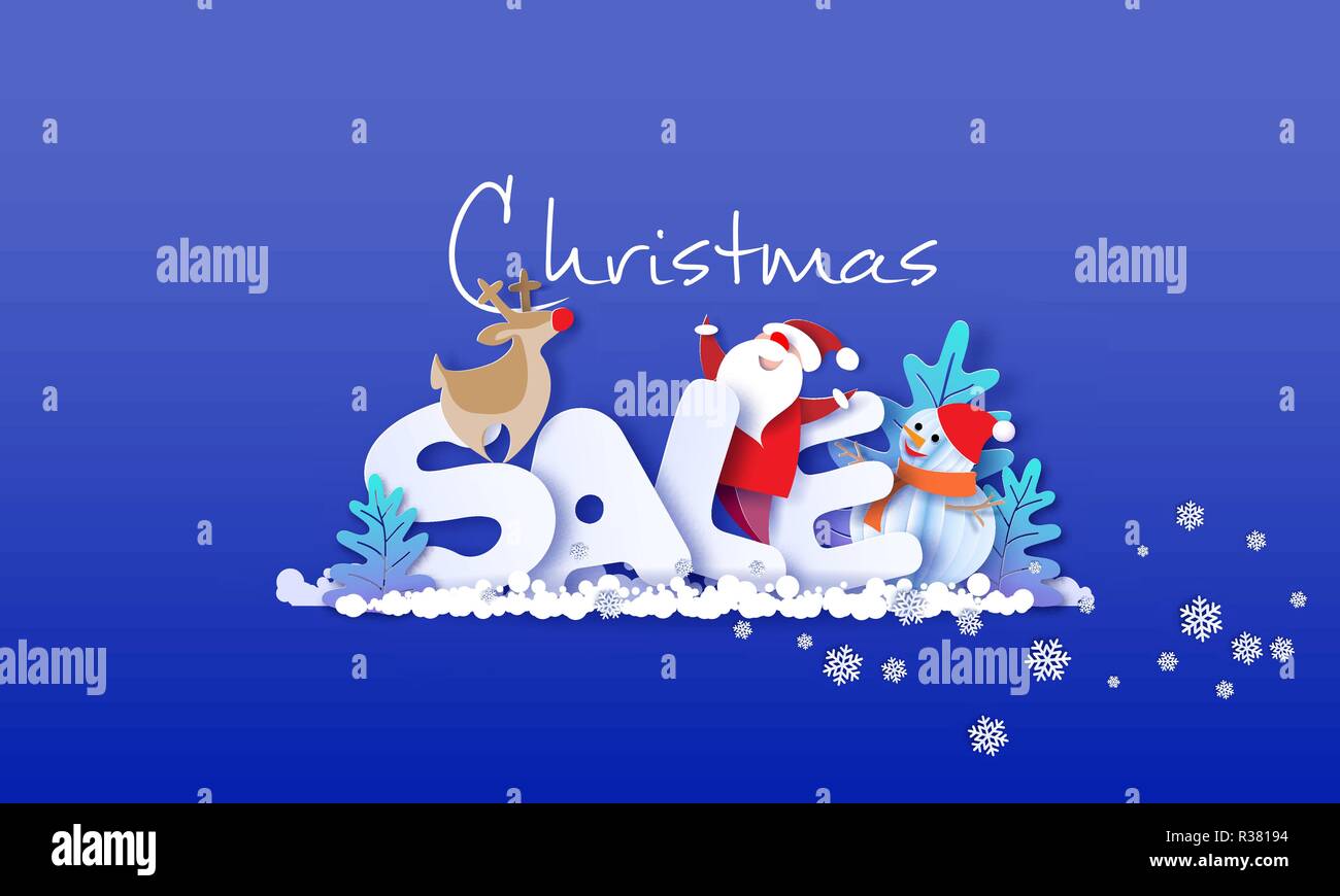 La conception de la publicité de Noël. Père Noël, Bonhomme de neige, renne plus de grandes lettres vente sur bleu. Coupe papier vecteur illustration de l'art pour la promotion des bannières, des en-têtes, des affiches, autocollants et étiquettes Illustration de Vecteur