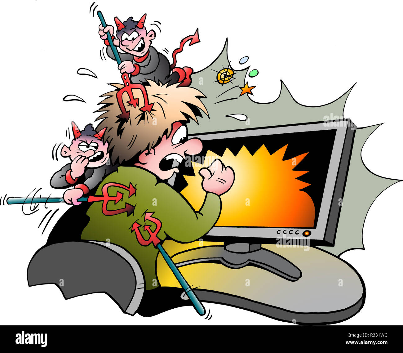 Cartoon Vector illustration d'un ordinateur Surfer qui est attaquée par des virus dangereux Banque D'Images