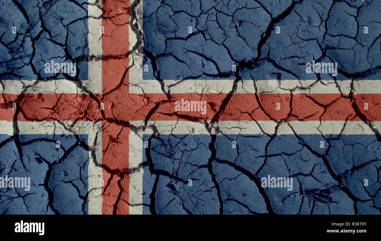 Crise politique ou de l'environnement Concept : fissures de boue avec drapeau de l'Islande Banque D'Images
