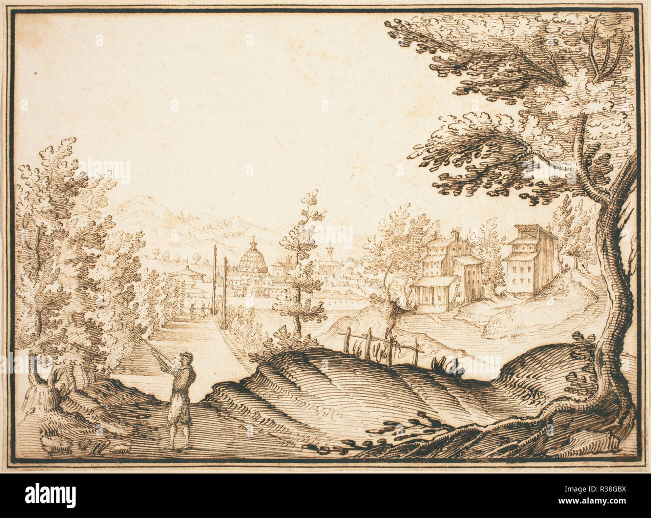 Un paysage avec un dôme. Fiche technique : Dimensions : 18,9 x 26 cm (7 7/16 x 10 1/4 in.) Montage : 23 x 29,9 cm (9 1/16 x 11 3/4 in.). Médium : plume et encre brune sur papier vergé. Musée : National Gallery of Art, Washington DC. Auteur : Remigio Cantagallina. Banque D'Images