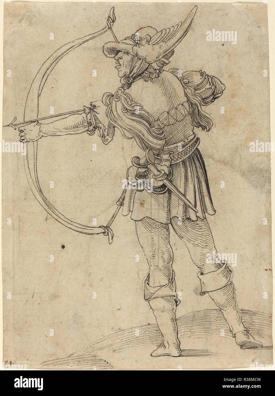 Archer Dimensions son arc. En date du : ch. 1510. Dimensions : hors tout (approximative) : 23,2 x 13,2 cm (9 1/8 x 5 3/16 in.) total : 86,3 cm (34 in.). Médium : plume et encre noire sur papier vergé. Musée : National Gallery of Art, Washington DC. Auteur : Hans Schäufelein Leonard. Banque D'Images