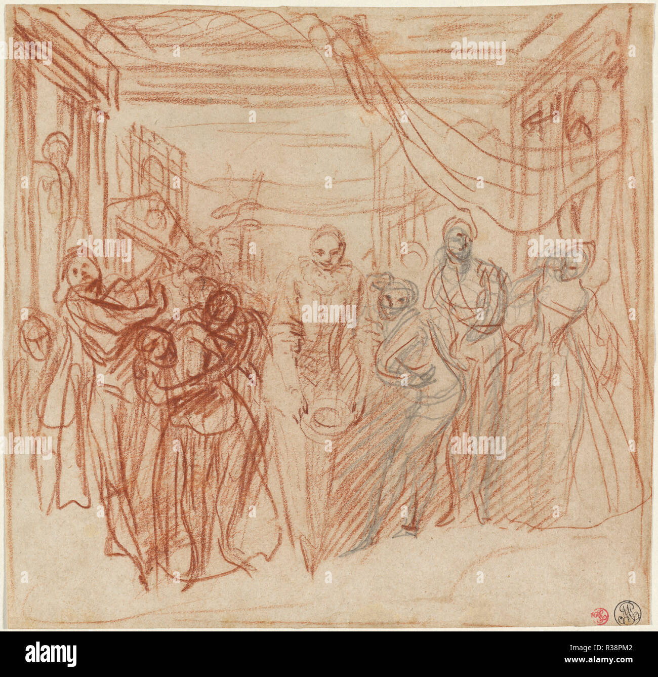Les comédiens italiens en tenant leurs arcs. En date du : ch. 1718. Dimensions : hors tout : 17,8 x 18,5 cm (7 x 7 5/16 in.). Médium : craie rouge et graphite sur papier vergé crème. Musée : National Gallery of Art, Washington DC. Auteur : Antoine Watteau. Banque D'Images
