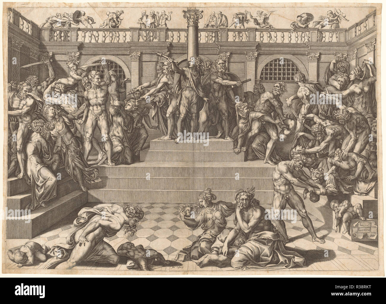 Le Massacre des Innocents. En date du : Années 1540( ?). Fiche technique : Dimensions : 31,1 × 41,3 cm (12 1/4 x 16 1/4 in.), taillés dans platemark. Technique : gravure sur bois sur papier. Musée : National Gallery of Art, Washington DC. Auteur : Nicolas Beatrizet, après Marco dente, après Baccio Bandinelli. Banque D'Images