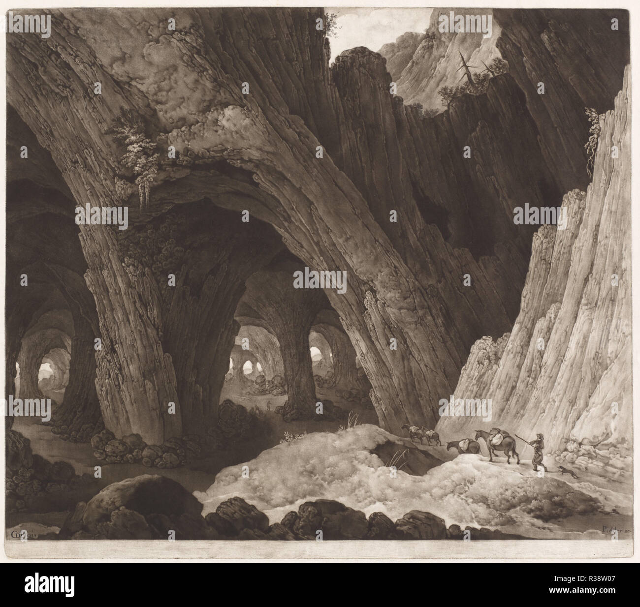 Les voyageurs se reposant dans de gigantesques cavernes (après Guillam Dubois). En date du : ch. 1800. Dimensions : 56,6 × 64,6 : la plaque (22 cm × 5/16 25 7/16 in.) : feuille 59,8 × 68,5 cm (23 9/16 × 26 15/16 in.). Technique : gravure sur papier vélin. Musée : National Gallery of Art, Washington DC. Auteur : Johann Peter Pichler, après Guillam Dubois. Banque D'Images