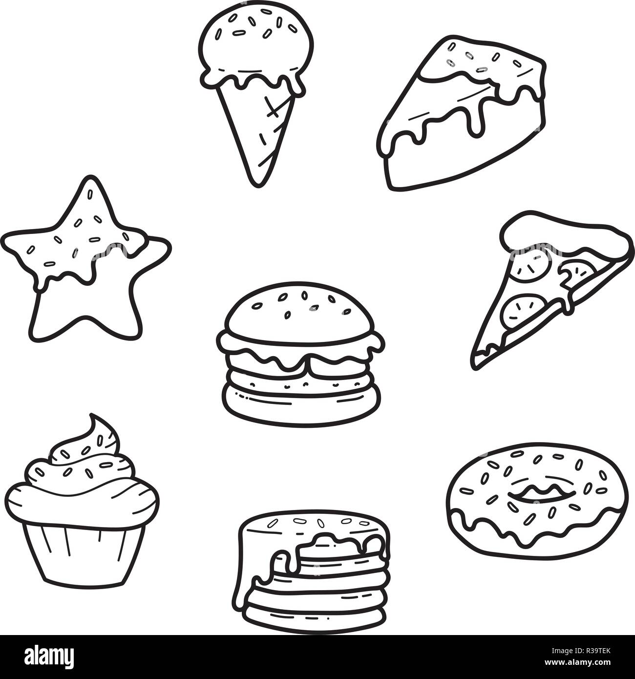 Partie De La Malbouffe Mignon Lignes Dessin Pizza Petit Gateau La Creme Glacee D Epice Burger Crepes Beignets Gateau Vector Isoles Illustration Image Vectorielle Stock Alamy