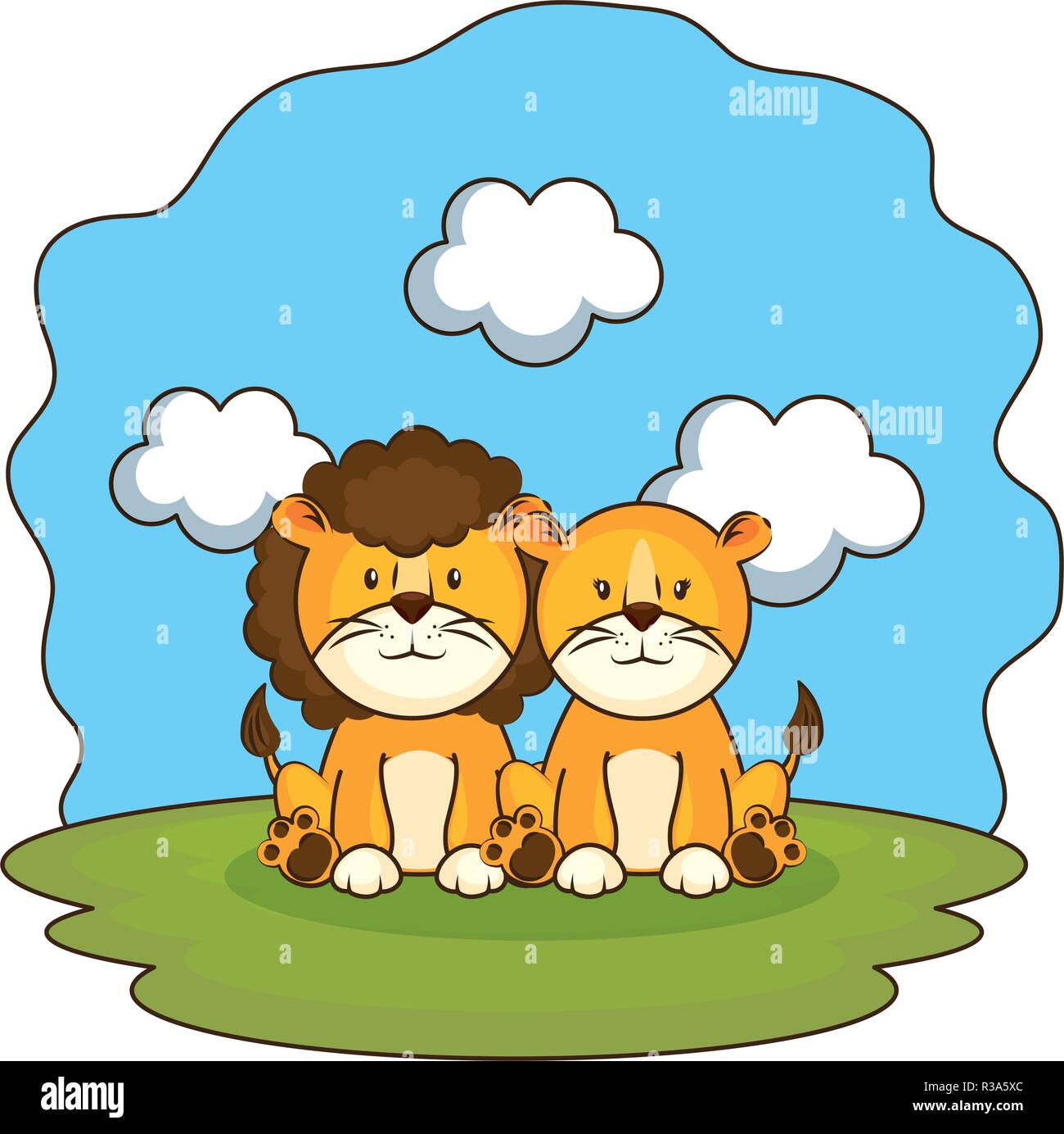 Cute couple lions dans le camp Illustration de Vecteur