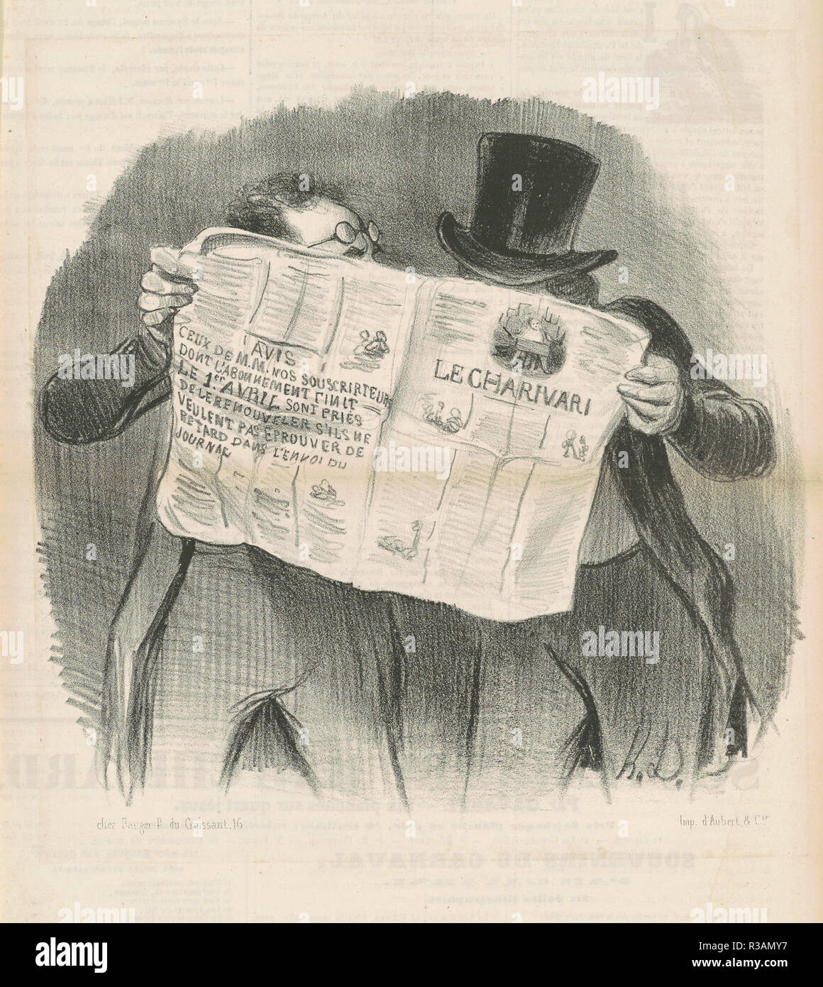 Le lecture du charivari. Date : le 19e siècle. Technique : lithographie. Musée : National Gallery of Art, Washington DC. Auteur : Honoré Daumier. Banque D'Images