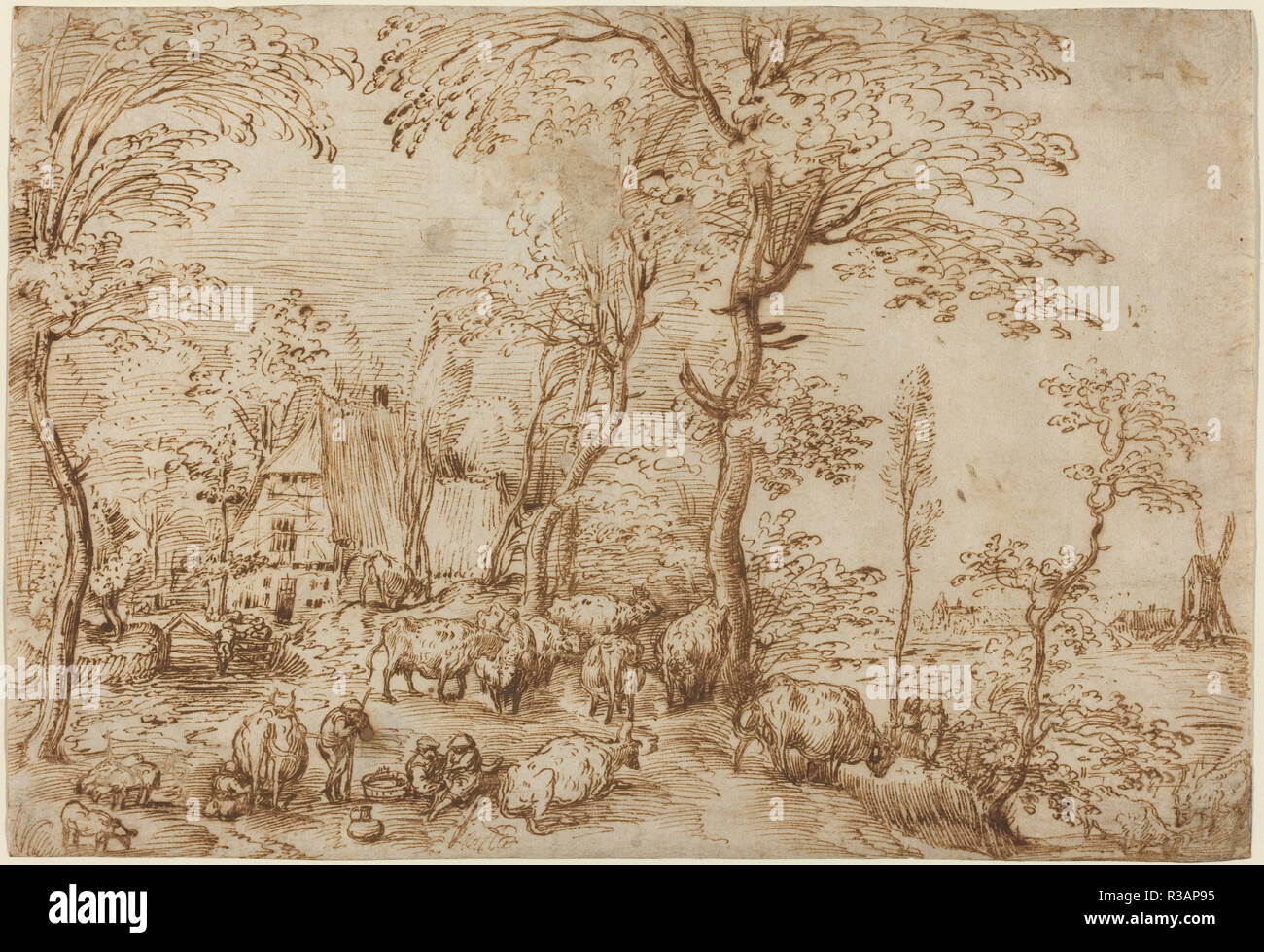 Les paysans et les bovins à proximité d'une ferme. En date du : ch. 1553/1554. Dimensions : hors tout : 23,5 x 34,3 cm (9 1/4 x 13 1/2 in.) support : 30,6 x 42 cm (12 1/16 x 16 9/16 in.). Médium : plume et encre brune sur papier vergé. Musée : National Gallery of Art, Washington DC. Auteur : Pieter Bruegel l'ancien. Banque D'Images