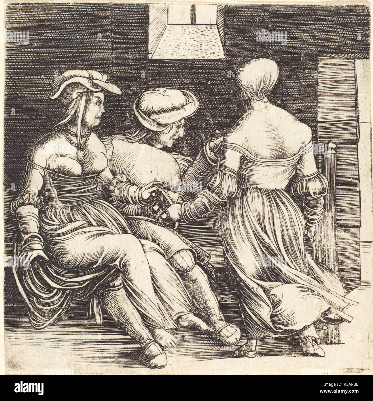 Jeune homme et femmes de chambre. En date du : 1506. Technique : gravure. Musée : National Gallery of Art, Washington DC. Auteur : Erhard,. Banque D'Images