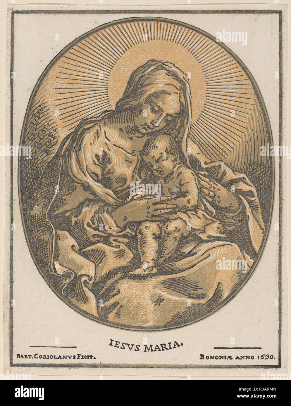 Vierge à l'enfant. En date du : 1630. Technique : gravure sur bois clair-obscur. Musée : National Gallery of Art, Washington DC. Auteur : Bartolomeo Coriolano après Guido Reni. Banque D'Images