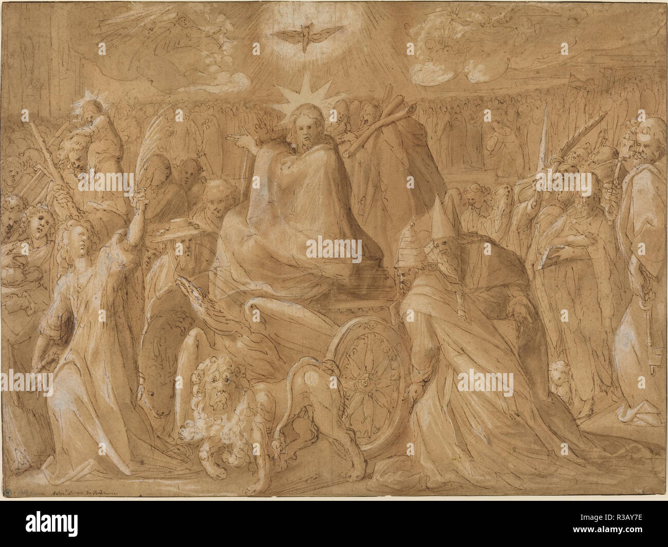 Le triomphe du Christ. Dimensions : hors tout (approximative) : 38,5 x 51,8 cm (15 3/16 x 20 3/8 in.). Médium : plume et encre brune avec lavis et de touches de craie noire, rehaussée de blanc, sur papier vergé. Musée : National Gallery of Art, Washington DC. Auteur : Giovanni Battista Della Rovere. Banque D'Images