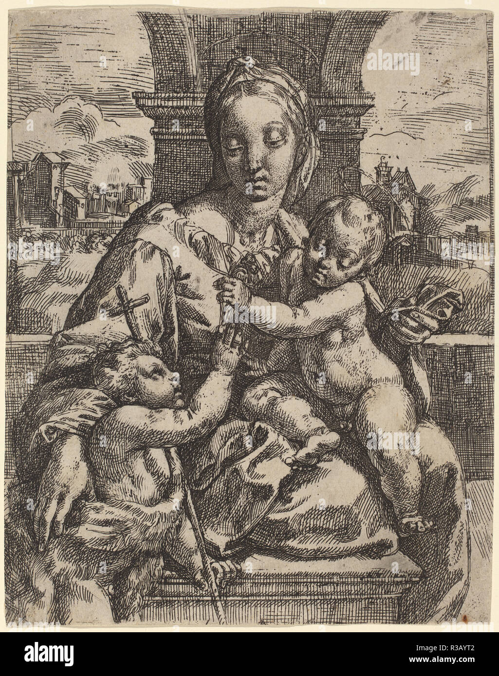 Madonna Aldobrandini. Technique : gravure. Musée : National Gallery of Art, Washington DC. Auteur : Girolamo Imperiale JE Après Raphaël. Banque D'Images