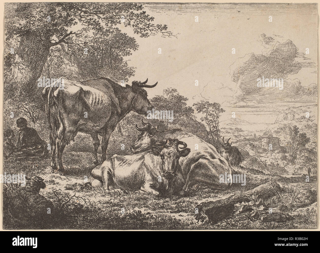 Les vaches au repos. Technique : counterproof. Musée : National Gallery of Art, Washington DC. Auteur : Nicolaes Pietersz Berchem. Banque D'Images