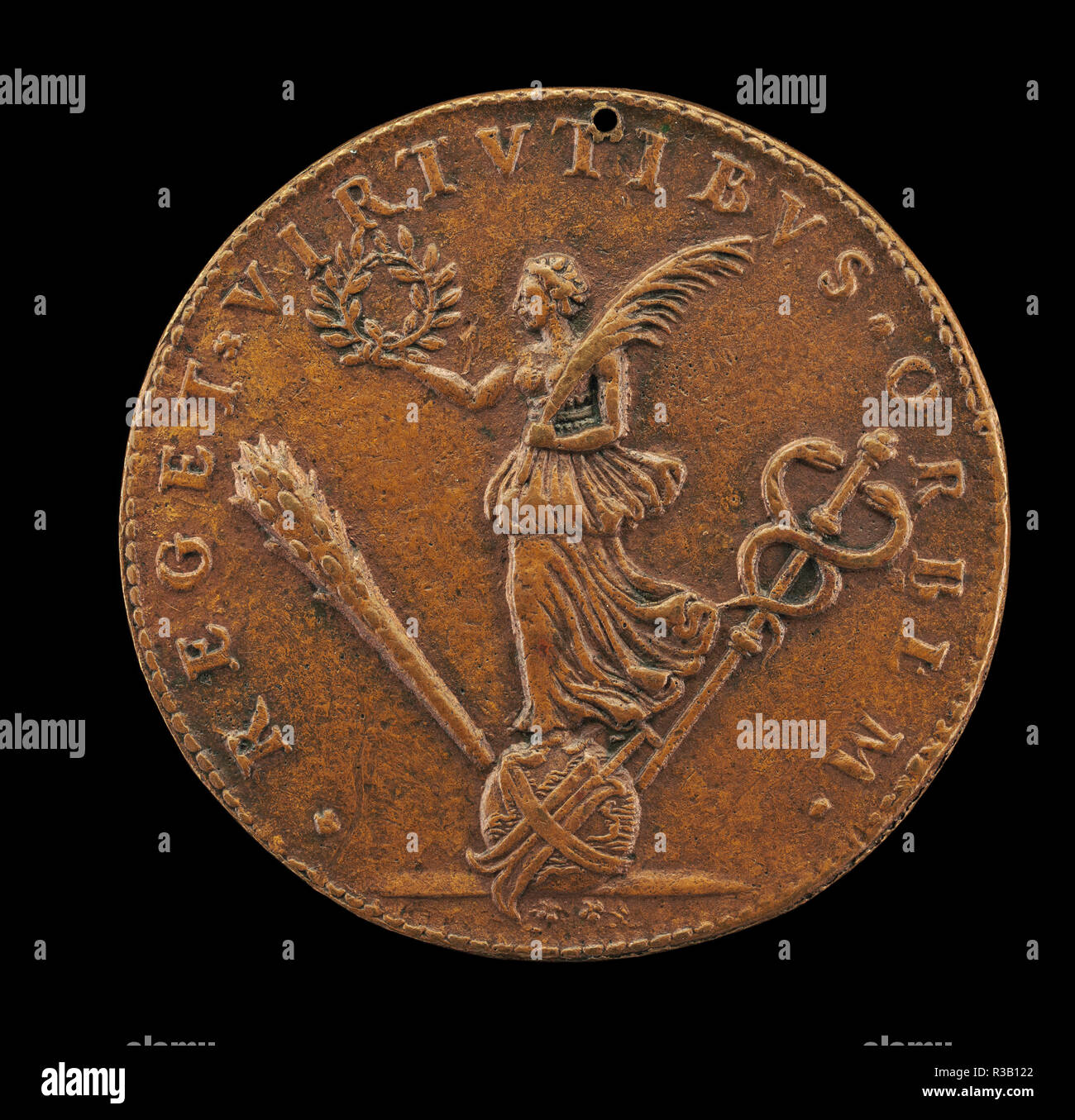 Victoire tenant une palme et Laurel, sur un globe avec un gouvernail, Club, et Cadeuceus [AR]. En date du : 1594. Dimensions : hors tout (diamètre) : 4,8 cm (1 7/8 in.) Poids brut : 39,8 gr (0,04 kg) axe : 12:00. Technique : bronze. Musée : National Gallery of Art, Washington DC. Auteur : Philippe Danfrie II. Banque D'Images