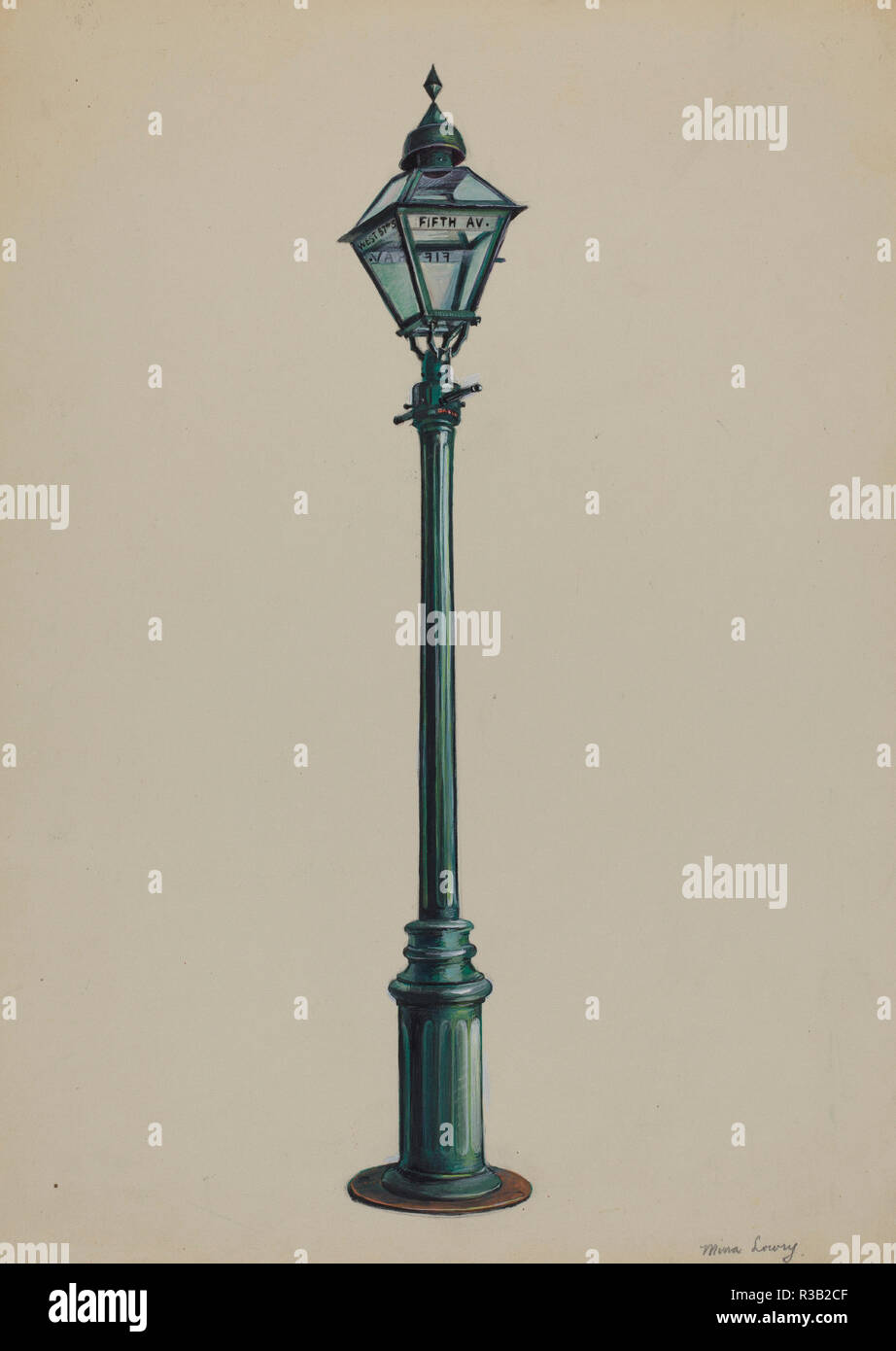Lampadaire à gaz. En date du : 1936. Dimensions : hors tout : 30,3 x 22,9 cm (11 15/16 x 9 in.). Médium : Aquarelle, mine de plomb, et goauche sur du carton. Musée : National Gallery of Art, Washington DC. Auteur : Mina Lowry. Banque D'Images