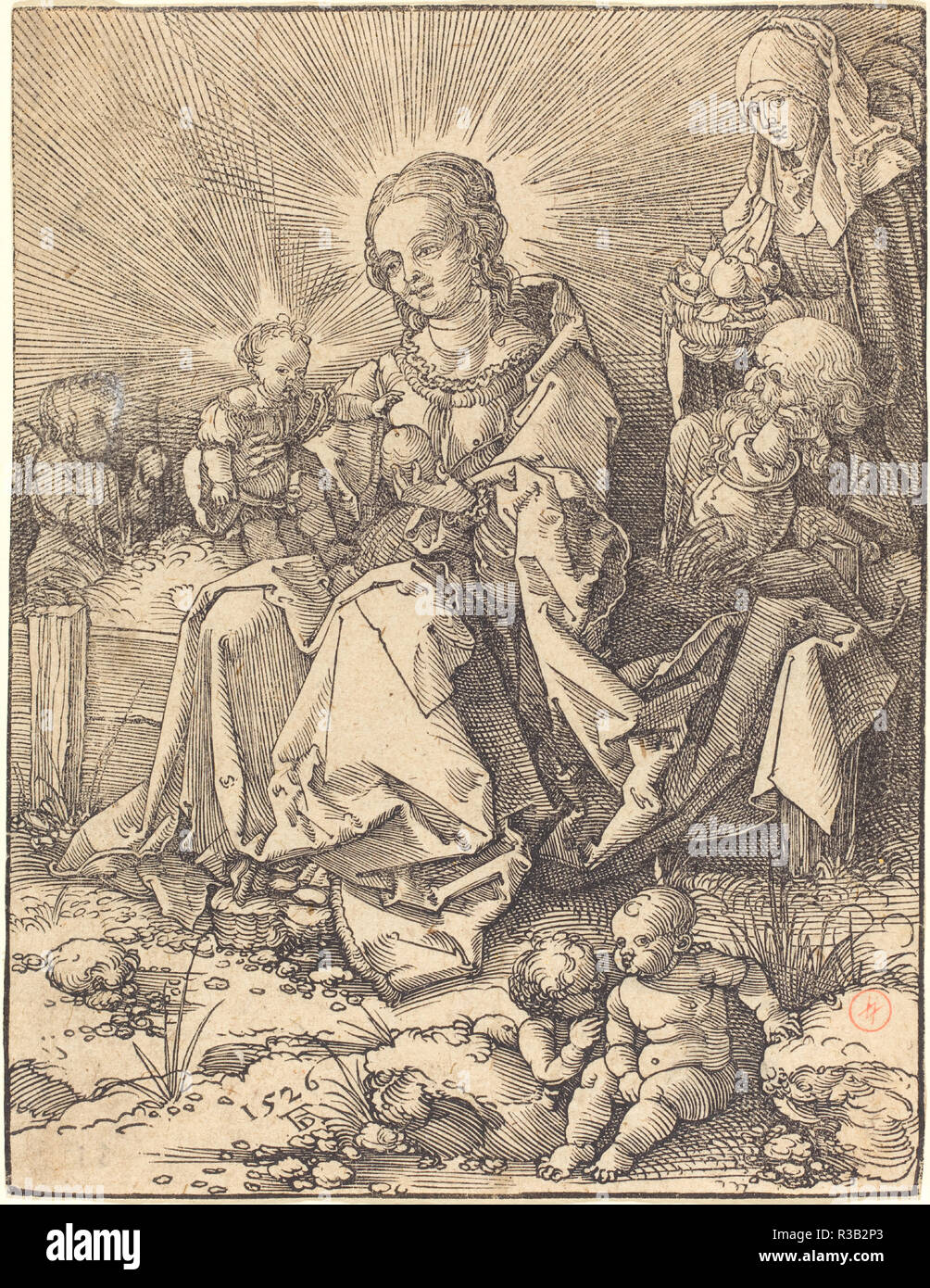 La Sainte Famille sur un banc. En date du : 1526. Technique : gravure sur bois. Musée : National Gallery of Art, Washington DC. Auteur : Dürer, Albrecht. Banque D'Images