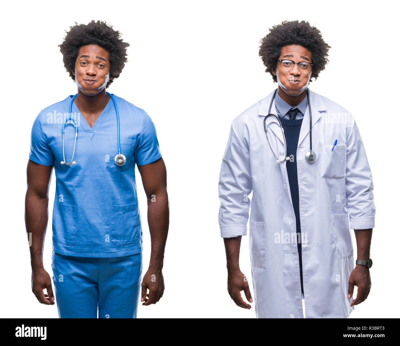 Collage of african american jeune chirurgien, infirmière, médecin homme sur fond isolé que quelques bouffées joues avec drôle de visage. Bouche gonflés à l'air, fou e Banque D'Images