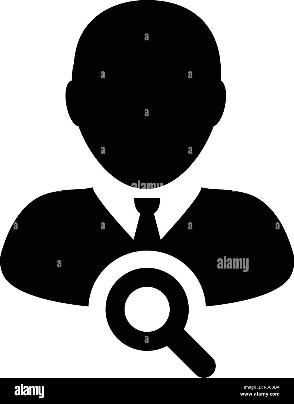 Recherchez l'icône de l'utilisateur le profil de personne mâle vecteur symbole avatar avec loupe dans couleur plate illustration pictogramme glyphe Illustration de Vecteur
