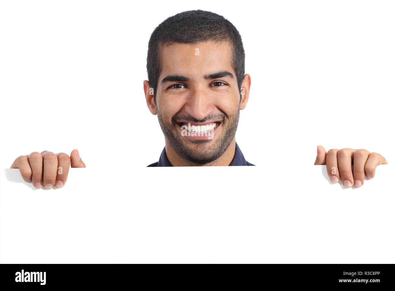 Arab happy man holding a blank banner Banque D'Images