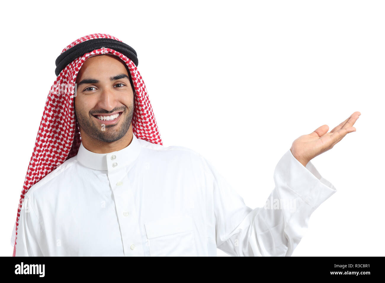 Arabie arabe homme promoteur présentant un produit vierge Banque D'Images
