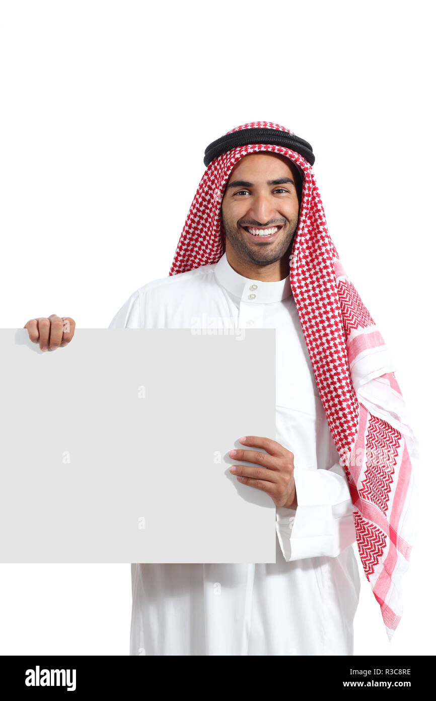 Arabie arabe promoteur man holding a blank sign horizontale Banque D'Images