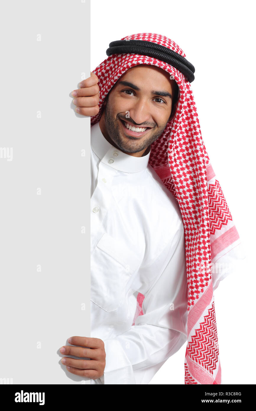 Arabie arabe promoteur man holding a blank sign Banque D'Images