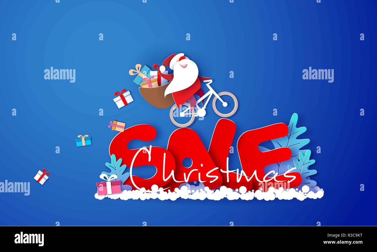 La conception de la publicité de Noël. Santa Claus with gift boxex le vélo plus grandes lettres vente sur fond bleu. Coupe papier vecteur illustration de l'art pour la promotion des bannières, des en-têtes, des affiches, des autocollants Illustration de Vecteur
