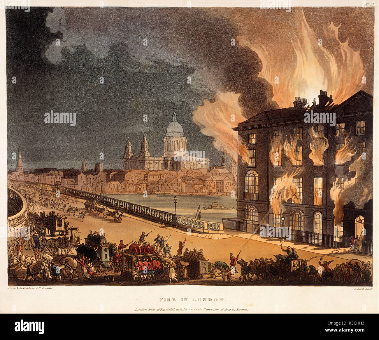 Couleur d'impression ; et la gravure à l'aquatinte - Incendie à Londres. Date/période : 1808. Peintures, estampes et dessins. Auteur : ROWLANDSON, THOMAS. BLUCK, J.Pugin, A. C.ACKERMANN, Rudolph. PYNE, WILLIAM HENRY. Pugin, A. C. Banque D'Images