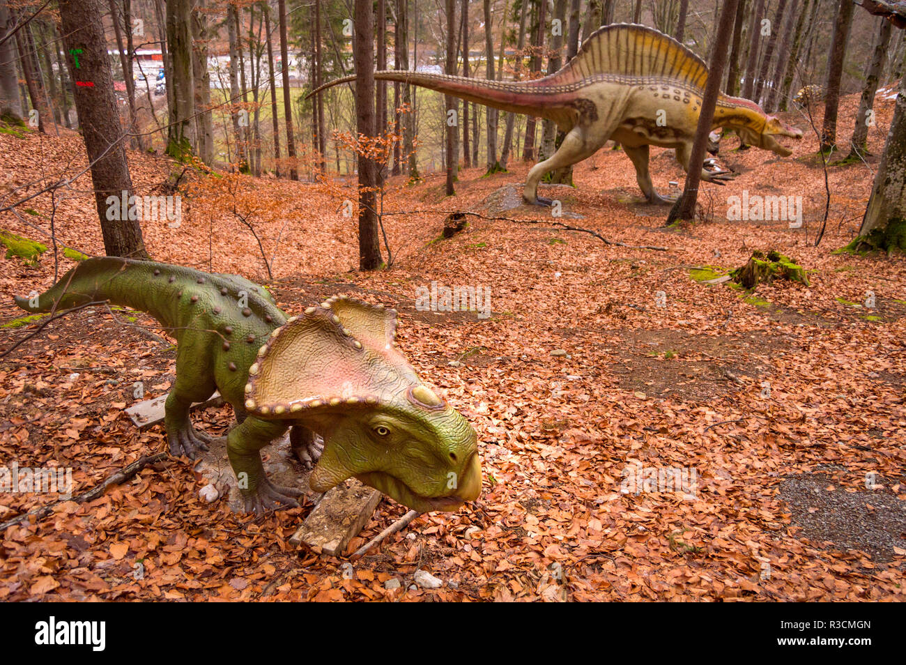 Rasnov, Roumanie - le 4 décembre 2017 : Deux différents modèles de dinosaures à Rasnov Dino Park, le seul parc à thème dinosaure en Roumanie et la plus grande de ce k Banque D'Images