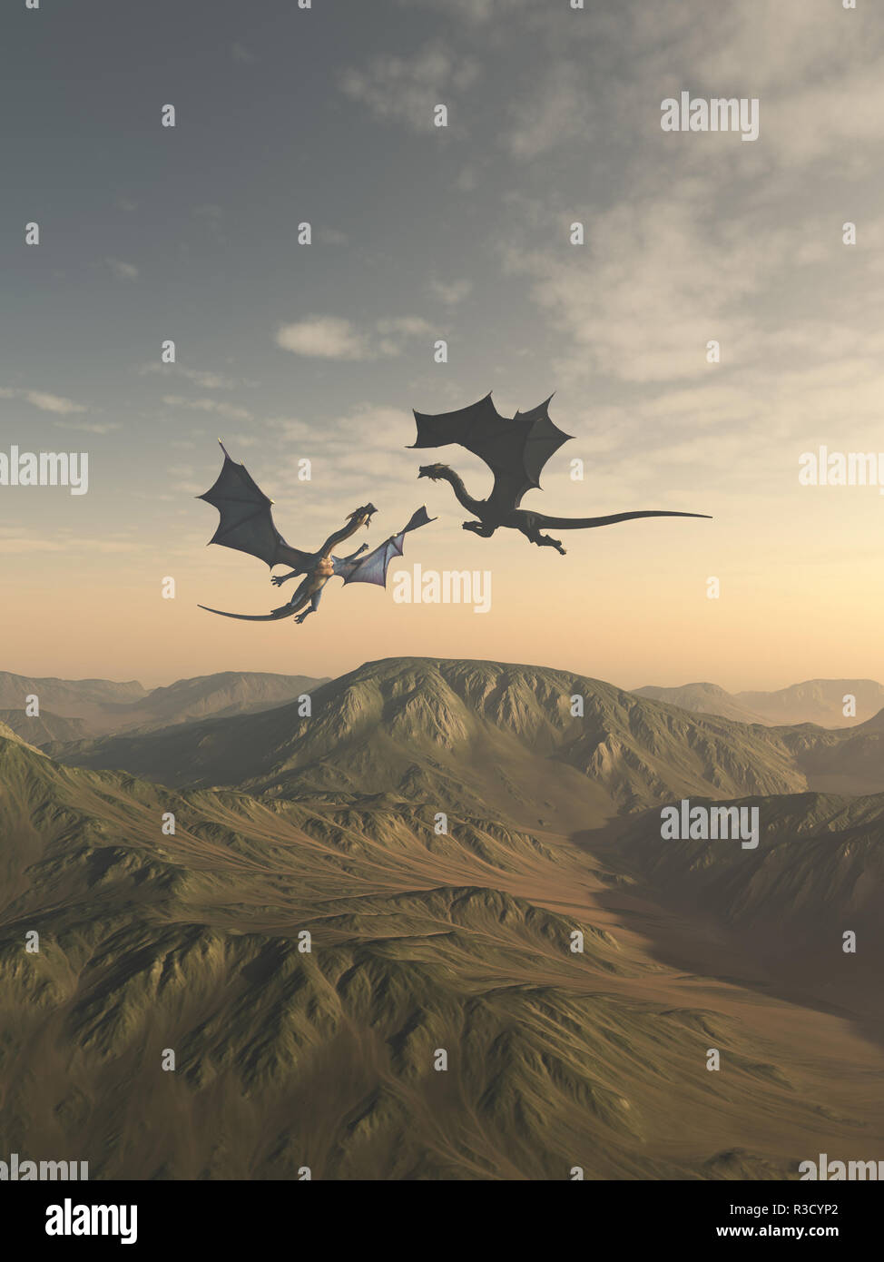 Friendly compagnons Dragon survolant un paysage de montagne Banque D'Images