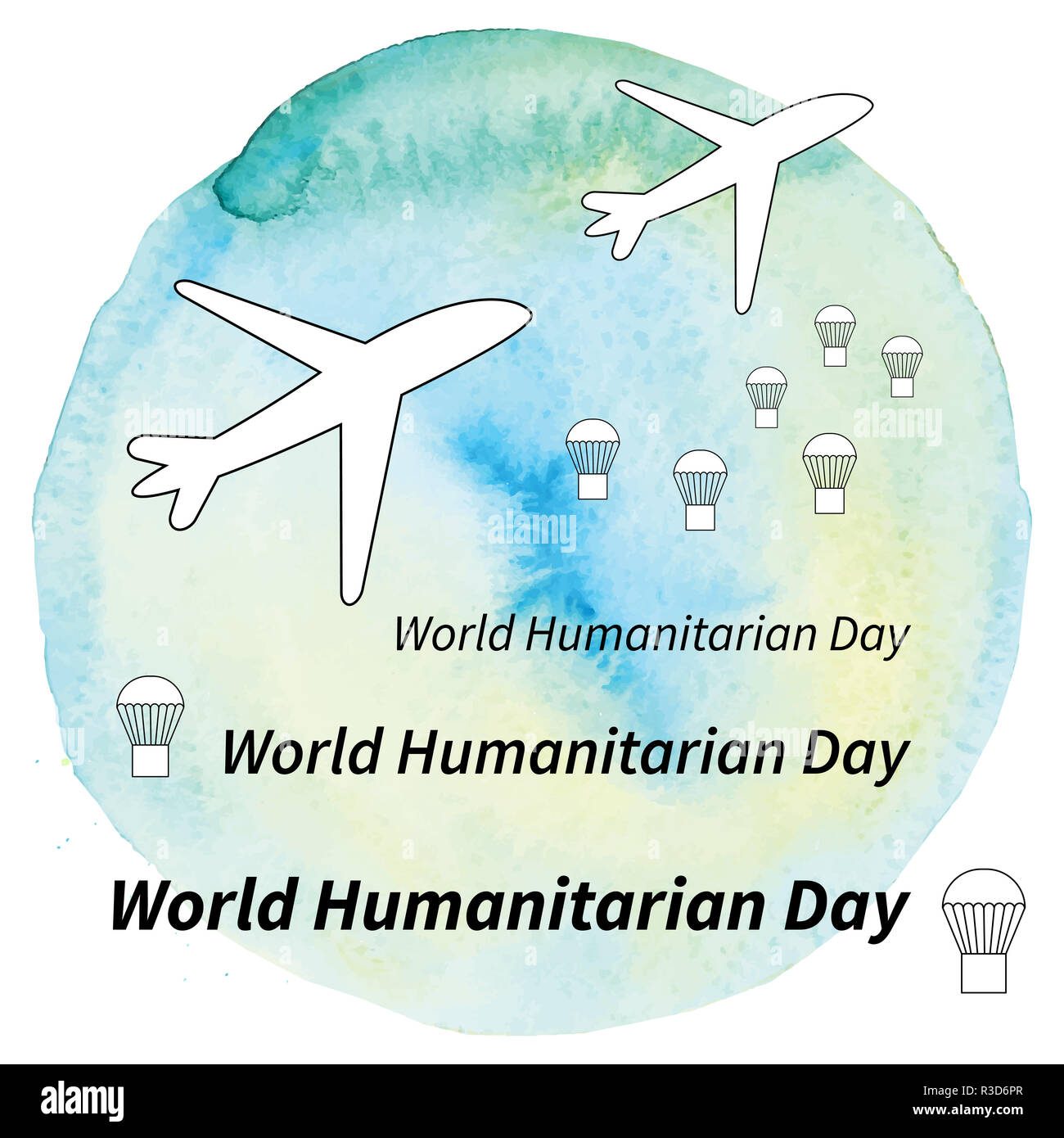 Illustration Journée humanitaire mondiale. Avec l'aide d'aéronefs sur un fond de boîtes d'aquarelle. Banque D'Images