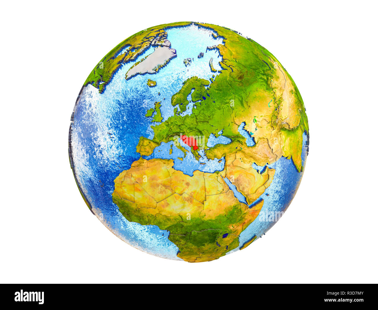 L'ex-Yougoslavie sur modèle 3D de la Terre avec frontières du pays et de l'eau dans les océans. 3D illustration isolé sur fond blanc. Banque D'Images