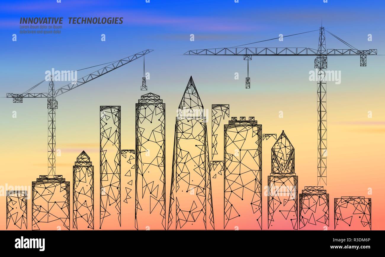 Low poly bâtiment en construction crane le lever du soleil. La technologie moderne des affaires industrielles. Ciel coucher de soleil coloré paysage urbain 3D silhouette urbaine. Haute tour gratte-ciel vector illustration Illustration de Vecteur