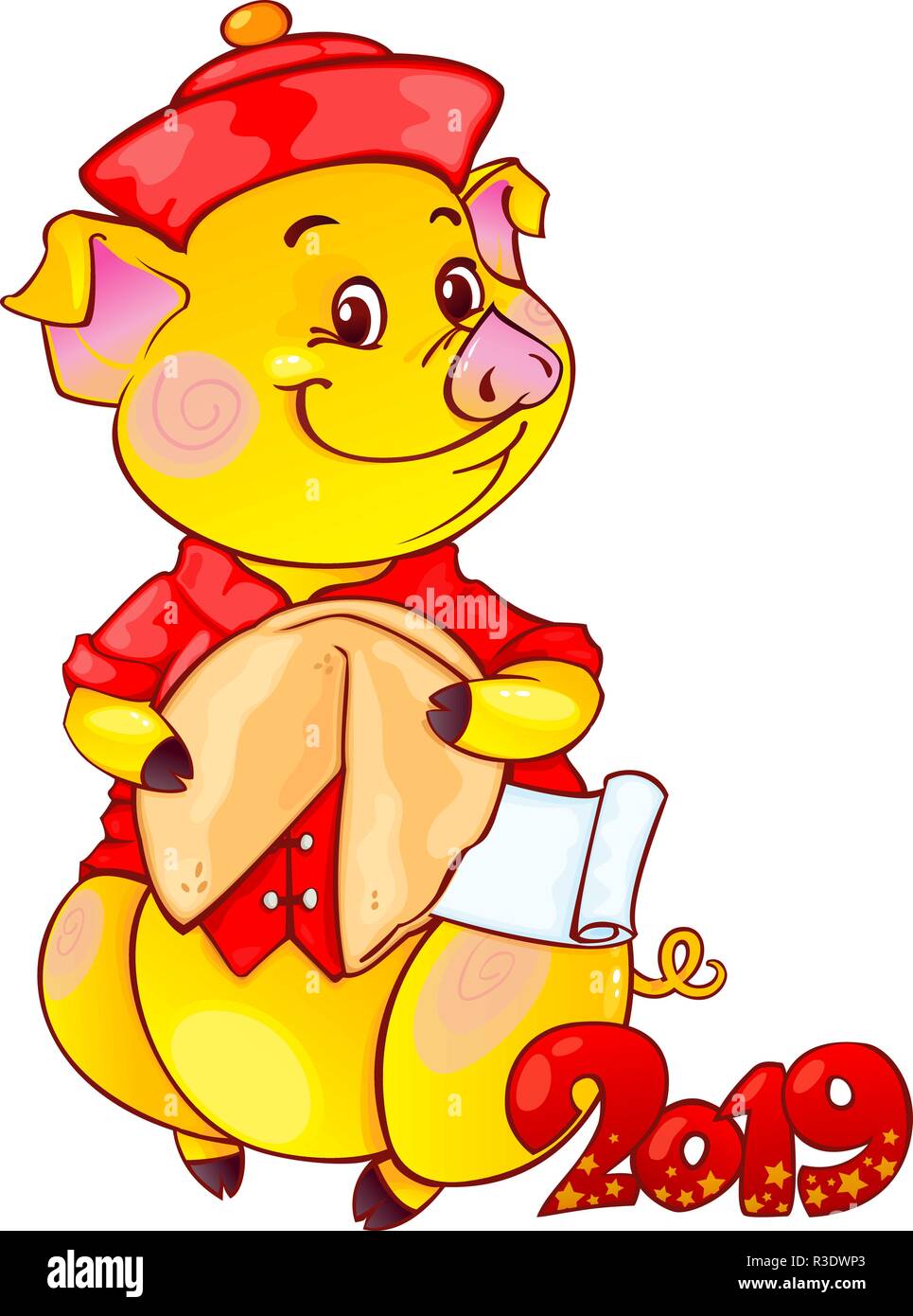 Cochon de terre jaune avec Fortune Cookie pour la nouvelle année 2019. Joli symbole de l'horoscope chinois. Illustration de Vecteur