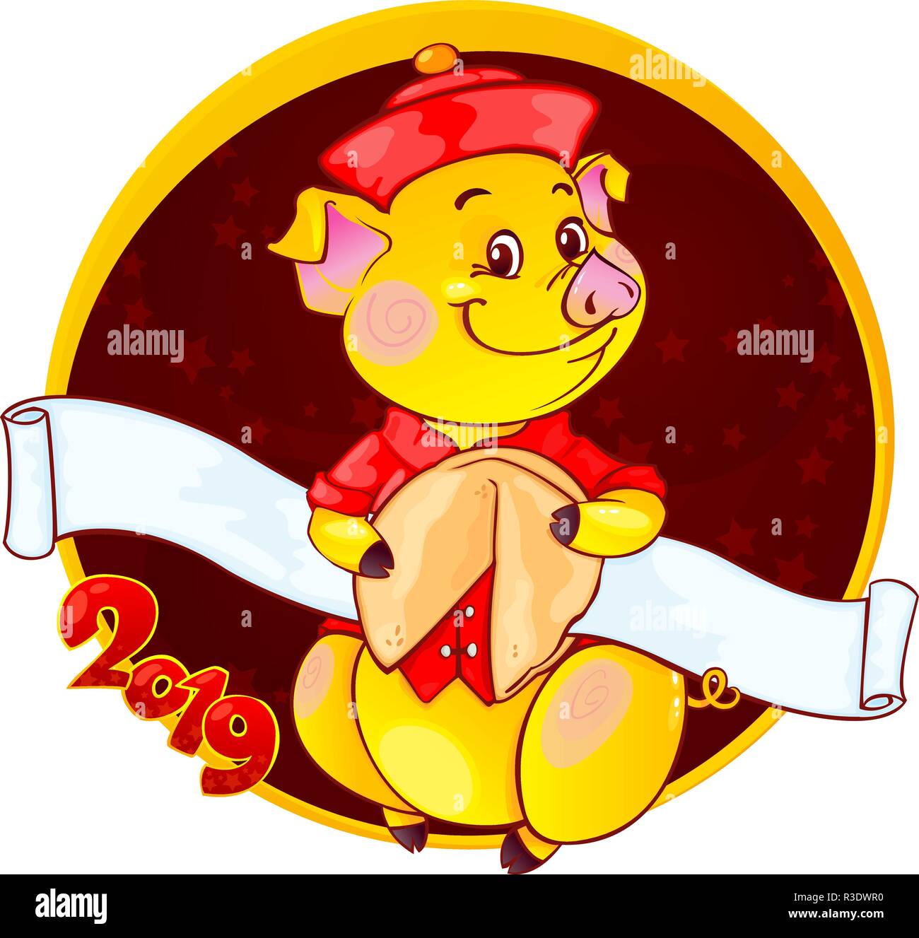 Cochon de terre jaune avec Fortune Cookie pour la nouvelle année 2019. Joli symbole de l'horoscope chinois. Illustration de Vecteur