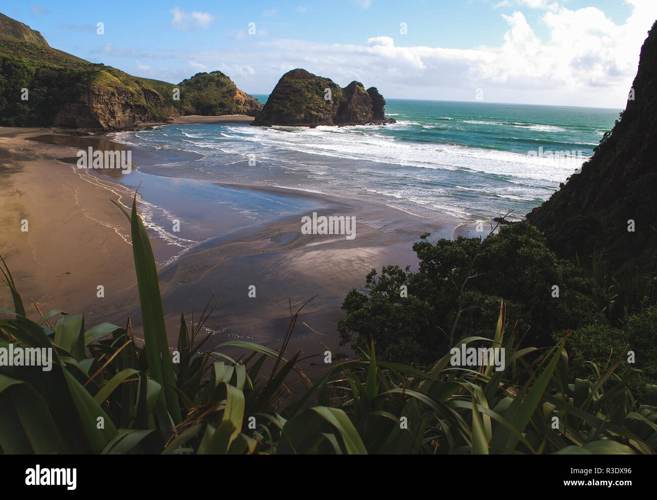 Vue sur la plage de Piha depuis Lion Rock, Nouvelle-Zélande Banque D'Images