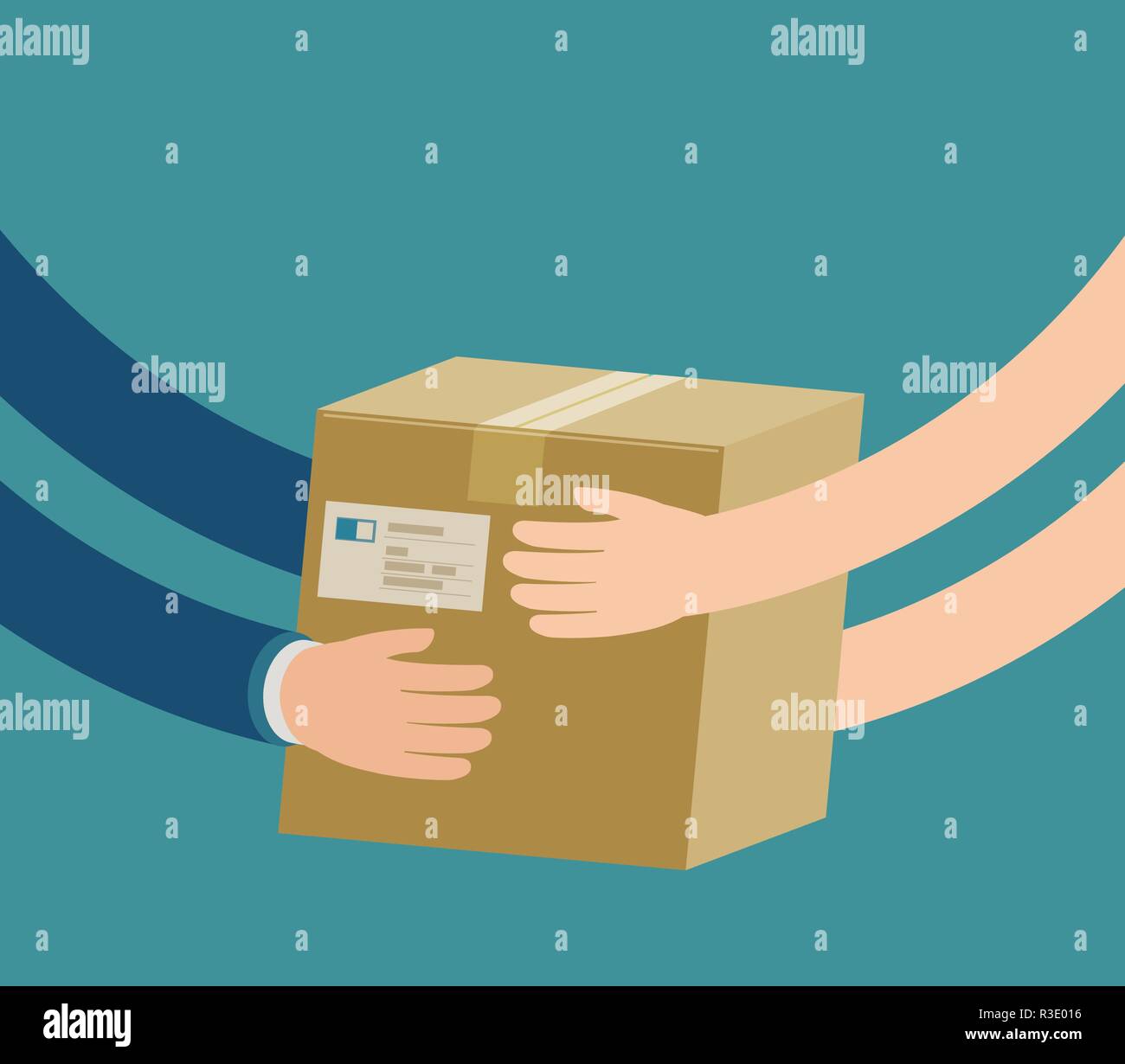 Les mains de courrier colis au client. Concept de livraison. Cartoon vector illustration Illustration de Vecteur