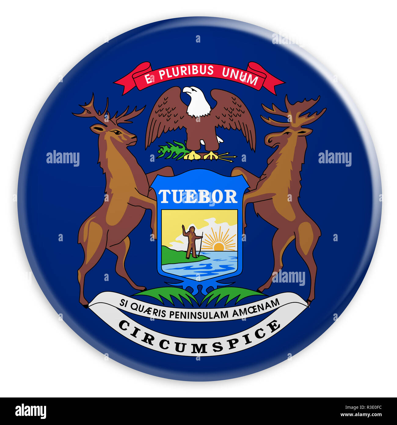 Bouton d'État des États-Unis : Michigan Badge Drapeau, 3d illustration sur fond blanc Banque D'Images