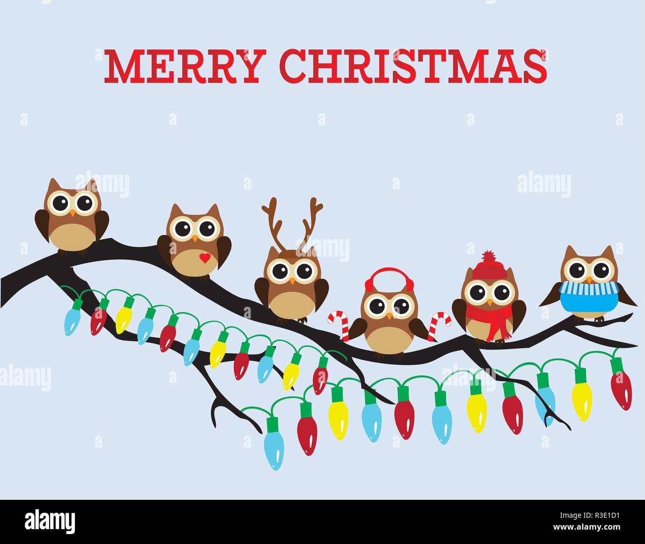 Illustration vecteur de plaisir les hiboux de Noël assis dans l'arbre avec des lumières de Noël. Illustration de Vecteur