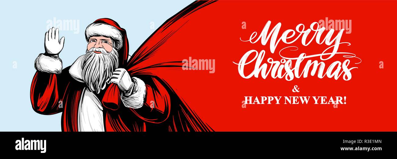 Le Père Noël est maintenant un gros sac, symbole de Noël hand drawn vector illustration croquis, texte calligraphié Illustration de Vecteur